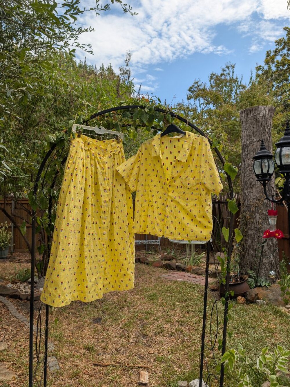 Vintage Breeches Yellow Floral Top Skirt Set Cotton Button Front